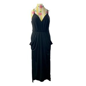 BCBGeneration Halter Midi Dress Deep V Neck Draped Front Black M